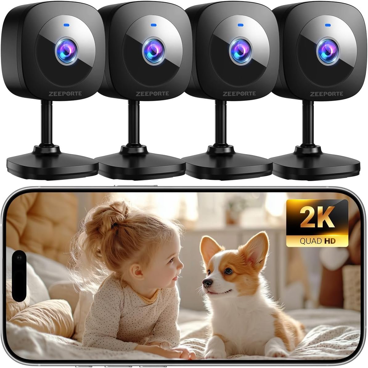 ZEEPORTE 2K Indoor Cameras for Home Security – Baby Monitor and Dog Pet Camera with Motion Detection, 2-Way Audio, Night Vision, Siren, Wired Security Camera – Works with Alexa and Google Home(4-Pack)