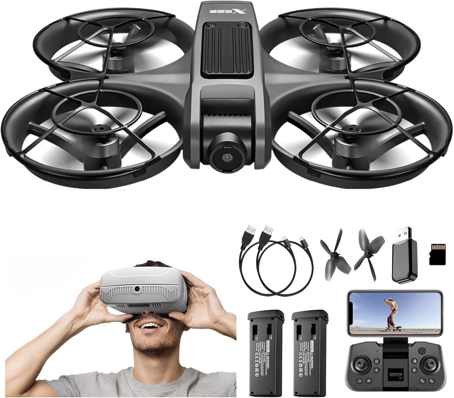 Adult Drone with VR Goggles Headset, First-Person View, 1080P HD Camera for Beginners FPV Quadcopter, 360° Flip, Brushless Motor, Optical Flow Hovering, Speed Control, Propeller Guards, One-Key Takeoff/Landing, Remote Control Helicopter and Airplane for Beginners, With 2 Batteries