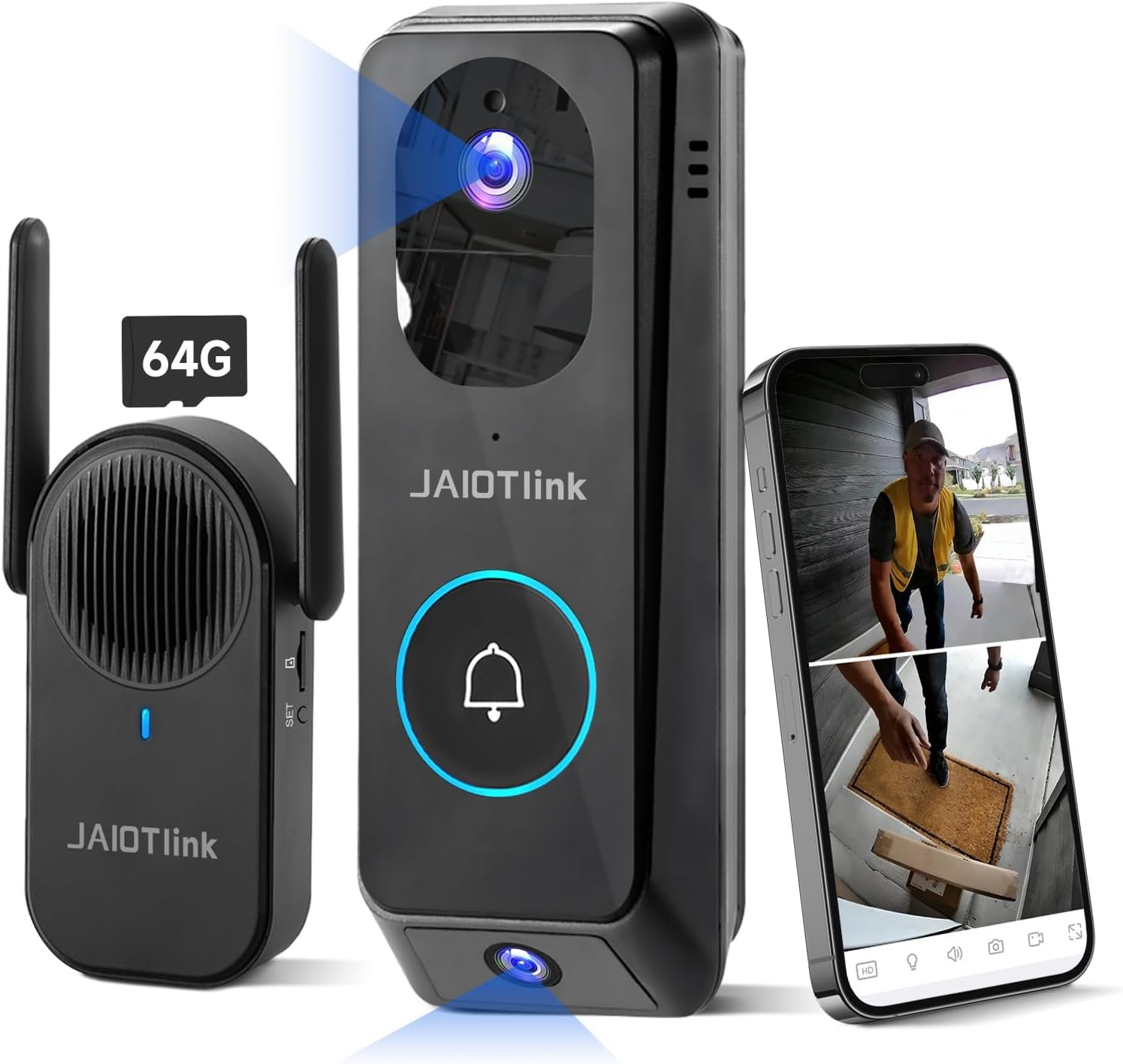 JAIOTlink 2K Dual Lens Video Doorbell Camera Wireless with Chime, 64GB SD Card, Voice Changer, 2.4G/5Ghz WiFi, Package Protection, 2-Way Audio, Night Vision, Compatible with Alexa
