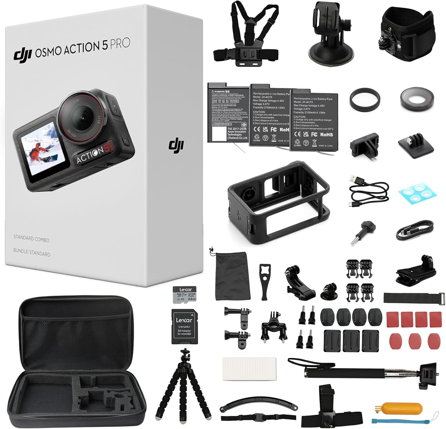 DJI Osmo Action 5 Pro Waterproof Action Camera Bundle, 1/1.3″ Sensor, 4K/120fps Video, 47GB Built-in Storage, Original Standard Combo + 58 Piece Accessory Kit + 2 Extra Batteries + Extra 64GB Card