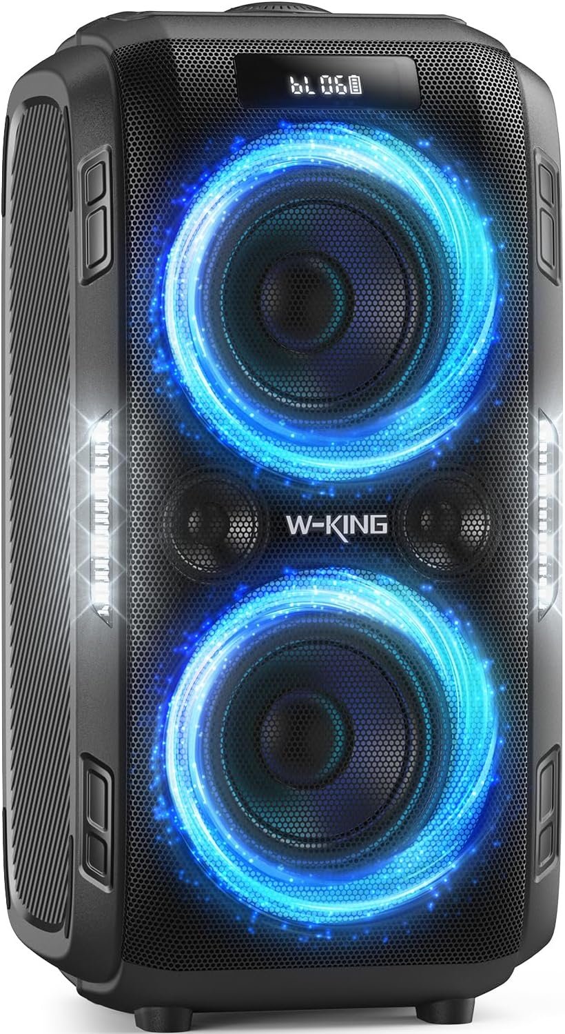 W-KING 270W Peak Party Speaker, Powerful Sound/Futuristic lightshow/12 Custom Deepest Bass/Massive 125dB 6.5”x2 Subwoofer/MIC&GTR in/USB/TF/AUX/IPX5 Waterproof Large Bluetooth Speaker (Black)