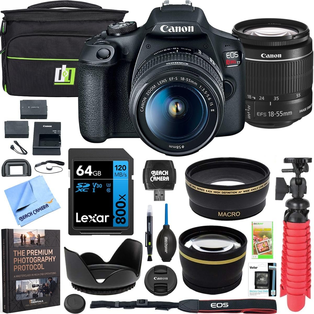 Canon EOS Rebel T7 DSLR Camera Bundle with EF-S 18-55mm is II Lens | 24.1MP, Wi-Fi, USA Warranty | Deco Gear Case, Double Battery, 64GB Card, Cleaning Kit & Mini Tripod