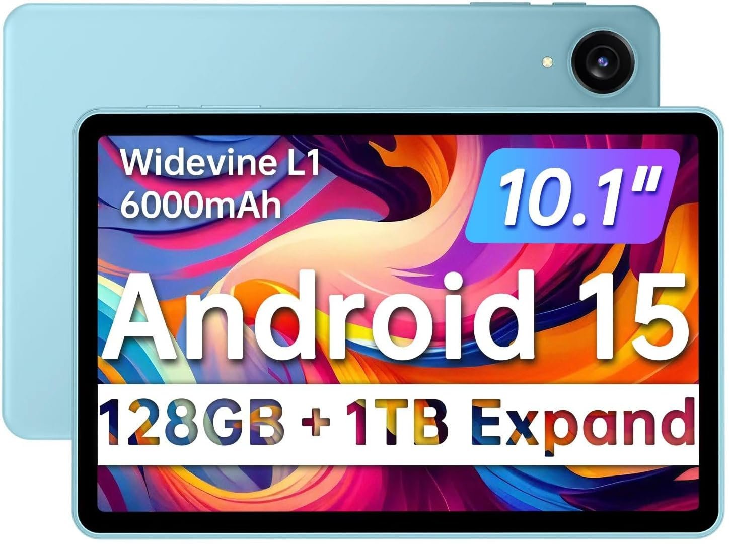 JIKOCXN Tablet 10.1 inch Android 15 Tablets, 128GB Storage 1TB Expand, Octa-Core Processors, 6000mAh, Widevine L1, GPS, Dual Camera, WiFi 5, BT5.0 (Blue) (Blue)