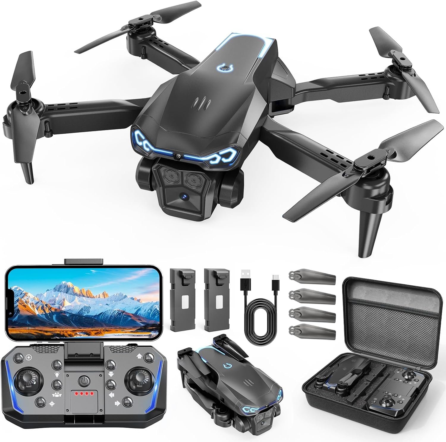 Foldable 1080P Drone with Camera for Kids & Beginners, Easy to Fly Toy Gift for Boys & Girls, One-Key Start, 3D Flips, Gesture Selfie, 2 Batteries