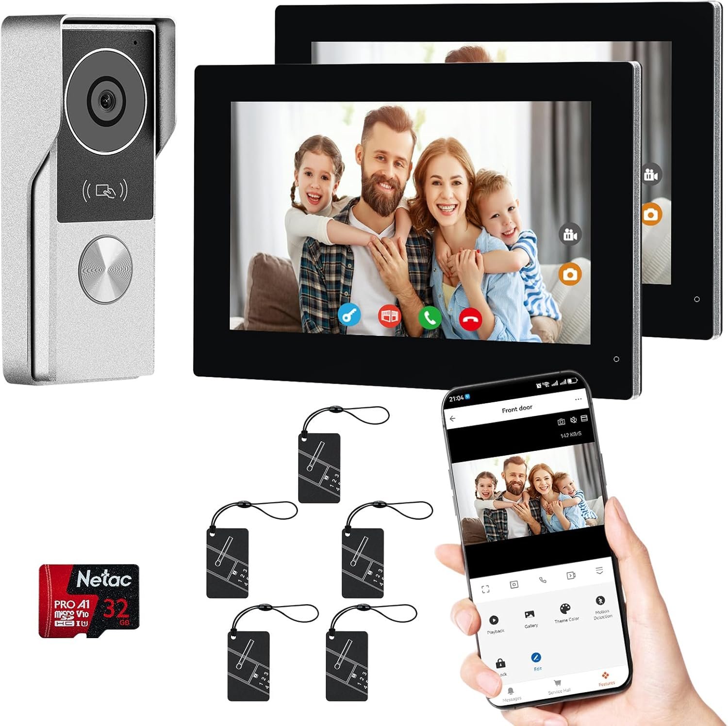 2-Wired Video Intercom System with Dual 7” Touch Screen, 1080P HD Camera & 130° Wide Angle, Two-Way Calling Between Screens, Tuya APP Remote Control, Waterproof, for Villa Apartment