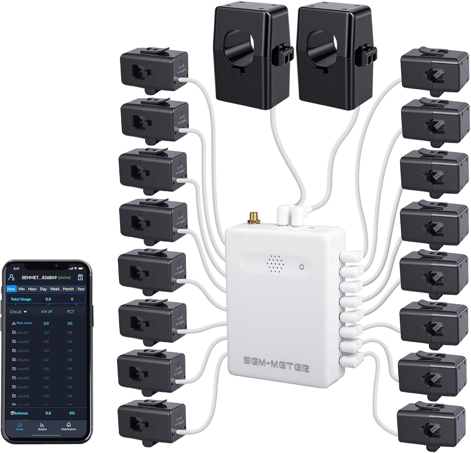 Smart Home Energy Monitor with 16 50A Circuit Level Sensors, Real-Time Power Usage & Electricity Cost Tracking, Ideal for Rental Homes & Shared Apartments, App History, Compatible with Home Assistant