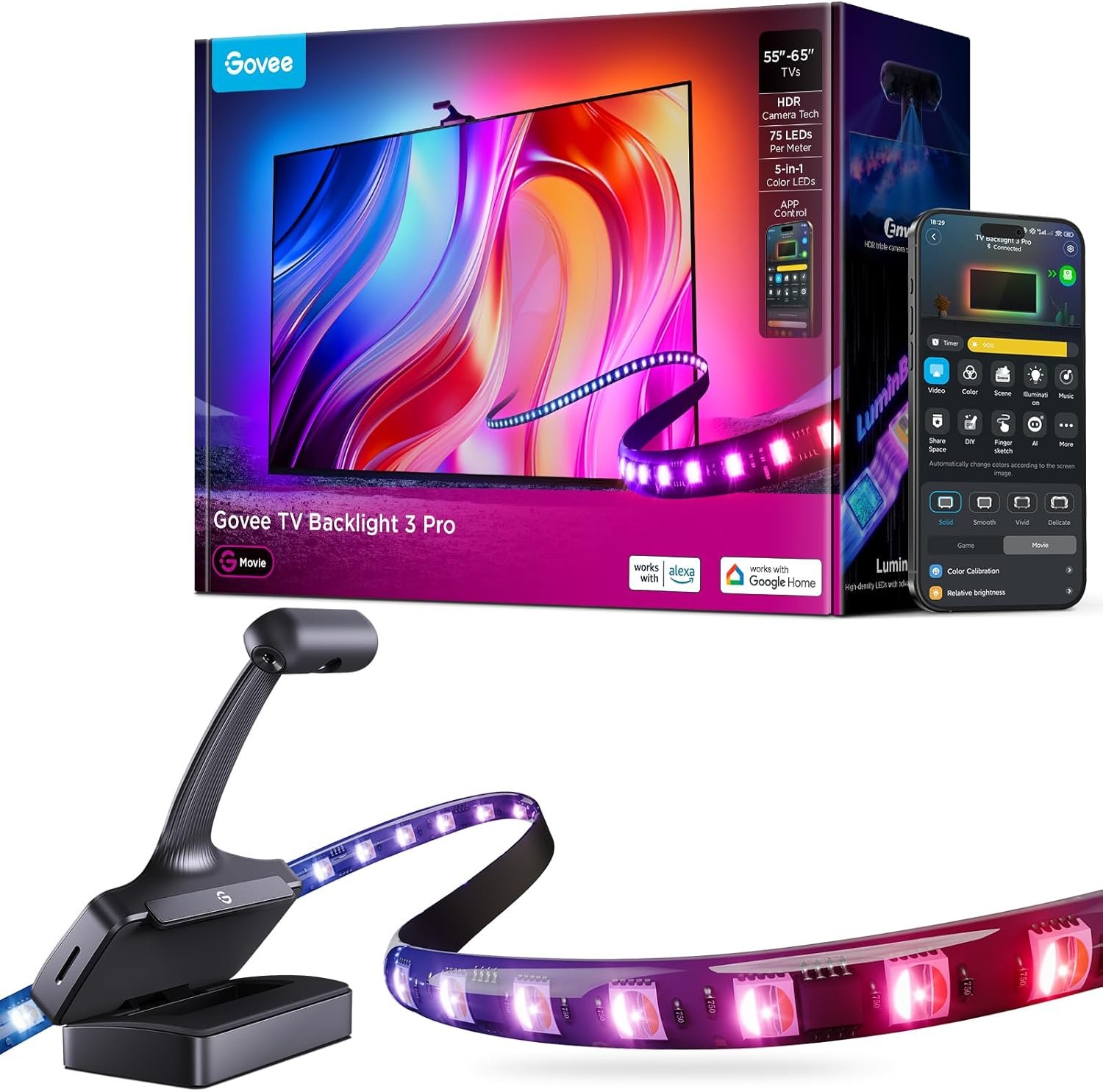 Govee TV Backlight 3 Pro with HDR Triple Camera, 11.8ft 5-in-1 RGBWWIC LED Strip Lights that Change with 55-65 Inch TVs, 75LEDs/m, Supports AI Filter, Smart App and Voice Control, DreamView Sync