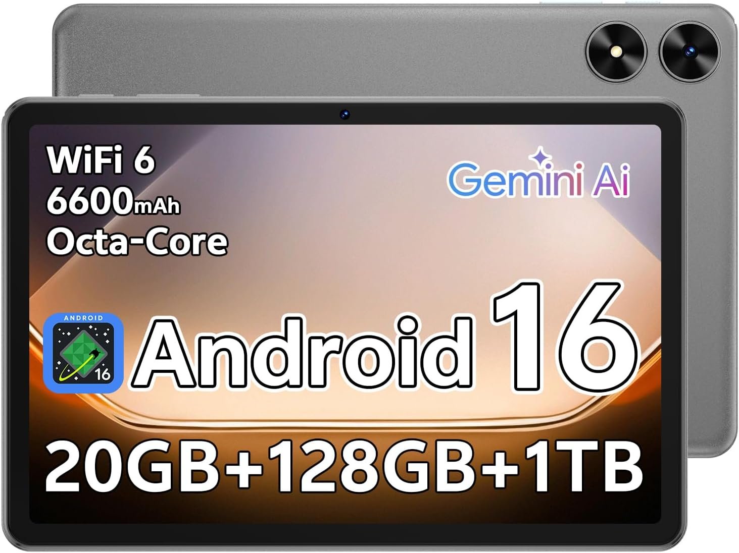Tablet 10.1 inch, Android 16 Tablet, Gray | Octa-Core, 20GB RAM 128GB ROM, 1TB Expandable, 1280×800 HD IPS Touchscreen, GPS, 8H Battery, WiFi 6, BT 5.2, Dual Camera