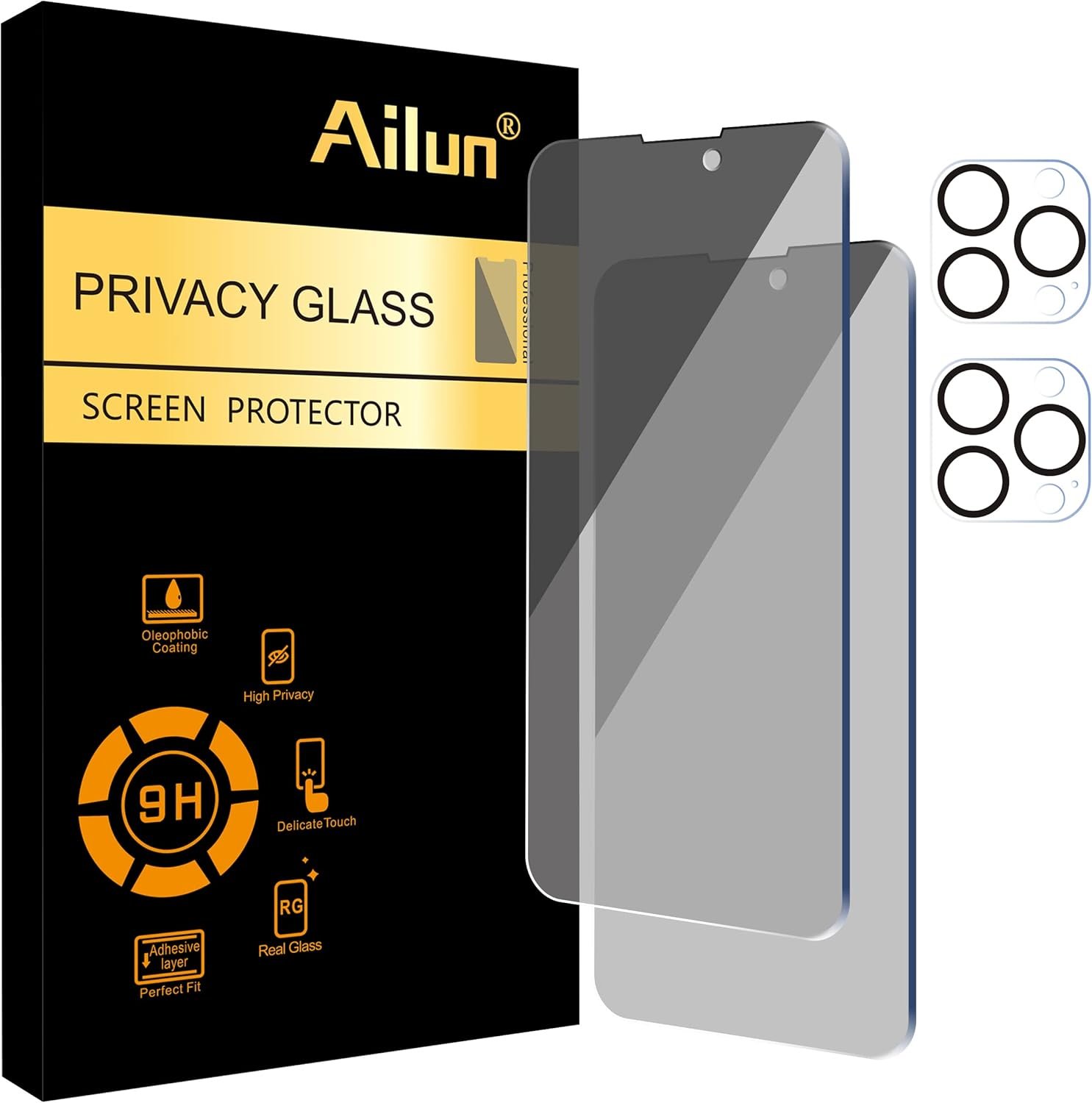 Ailun 2 Pack Privacy Screen Protector for iPhone 14 Pro [6.1 inch] + 2 Pack Camera Lens Protector,Anti Spy Private,Tempered Glass,Case Friendly