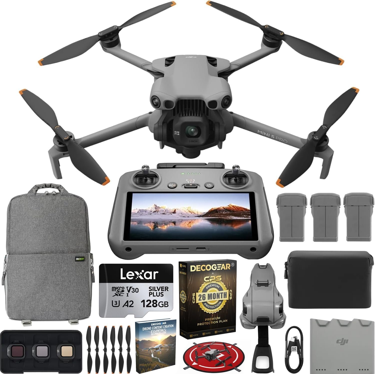 DJI Mini 5 Pro Drone Fly More Combo Plus with RC 2, 1″ CMOS Sensor, 4K Video, Omnidirectional Obstacle Sensing, 3 Battery Bundle with Deco Gear CPS Exclusive 26Month Protection Pack BEACH-CPS-26M1500