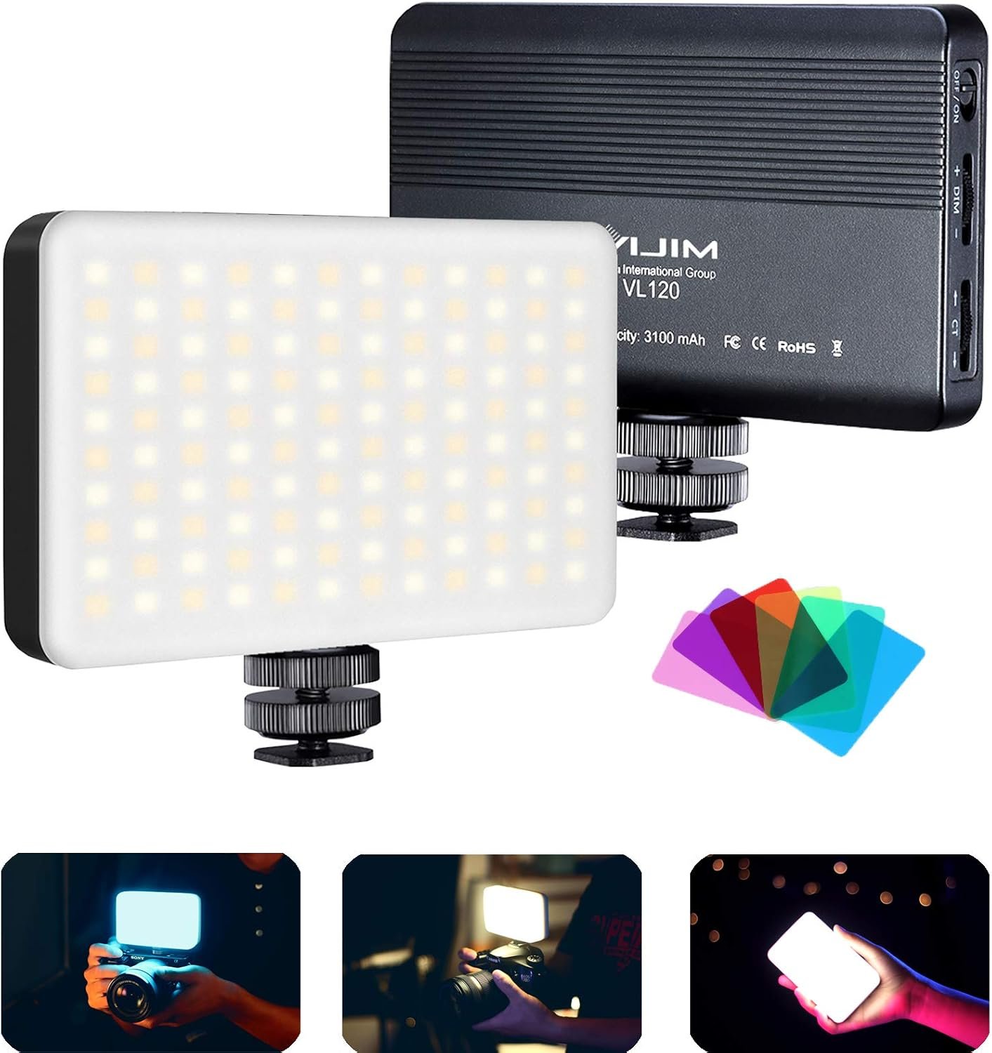 VIJIM VL120 LED Video Light on Camera, 6 Color Filters Mini Rechargeable LED Photography Camera Lighting Panel 3200K-6500K Bi-Color Dimmable, CRI95+, 3100mAh Battery Fill Light for Nikon Sony DSLR