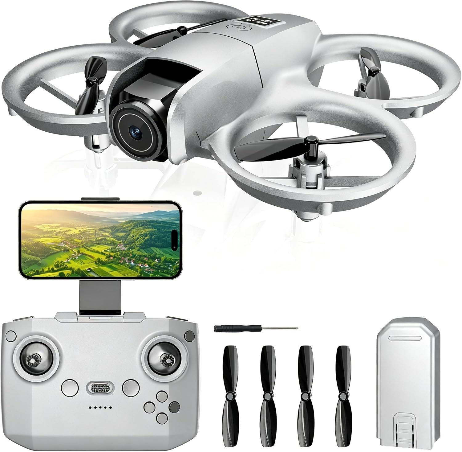 Drone with Camera 1080HD， Features One Key Takeoff/Landing, Altitude Hold, Headless Mode, 3D Flips, Trajectory Flight，3 Speed Modes, Easy to Fly for Beginners（Silver Gray）