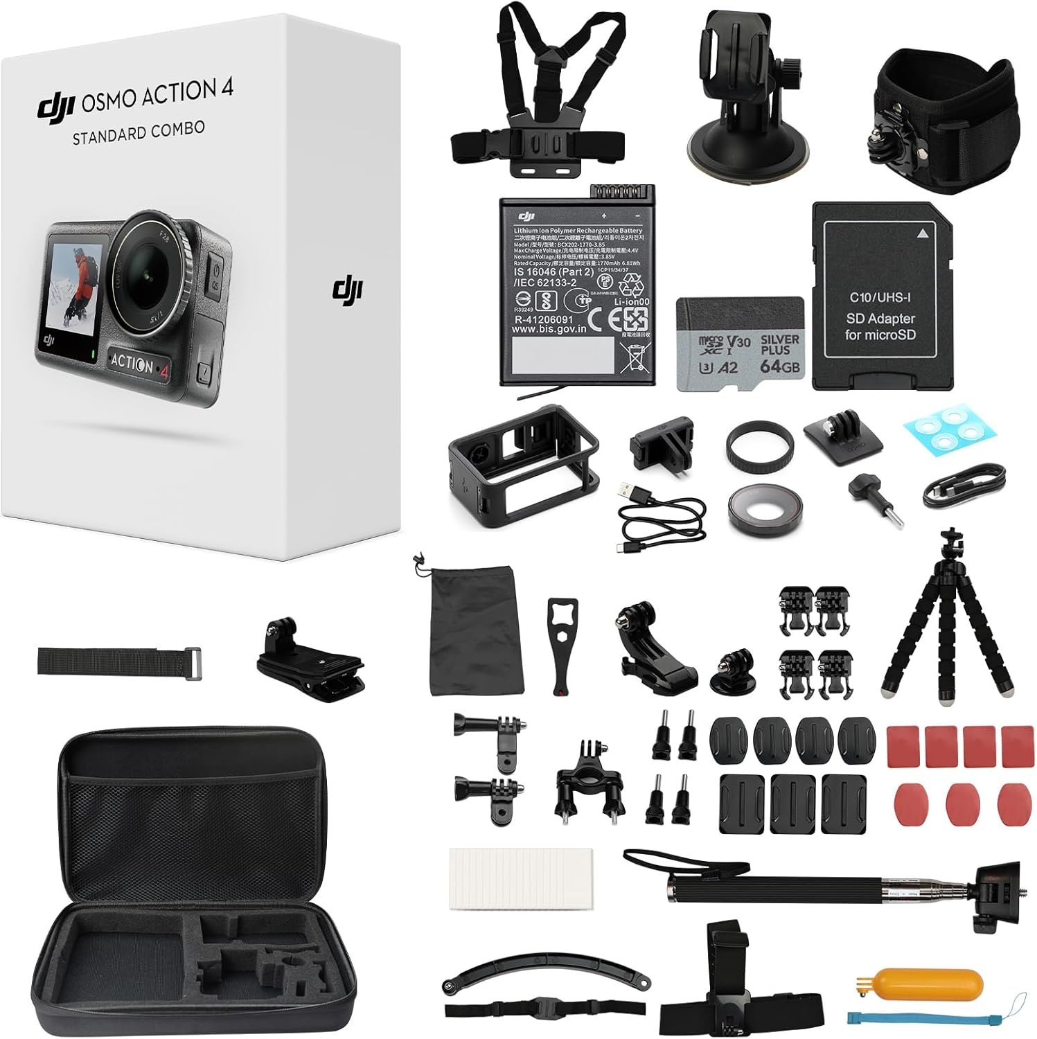 DJI Osmo Action 4 Waterproof Action Camera Bundle, 1/1.3″ Sensor, 4K/120fps Video, Stunning Low-Light Imaging, Original Standard Combo + 58 Piece Accessory Kit + Extra 64GB Card