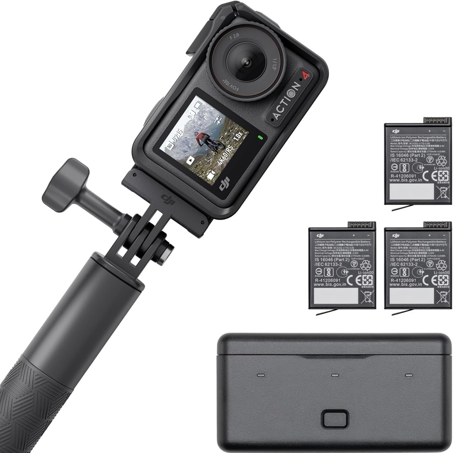 DJI Osmo Action 4 Adventure Combo, Waterproof Action Camera with 1/1.3″ Sensor, 4K/120fps Video, Stunning Low-Light, 8h Extended Battery Life with 3 Batteries, 1.5m Extension Rod, Battery Case