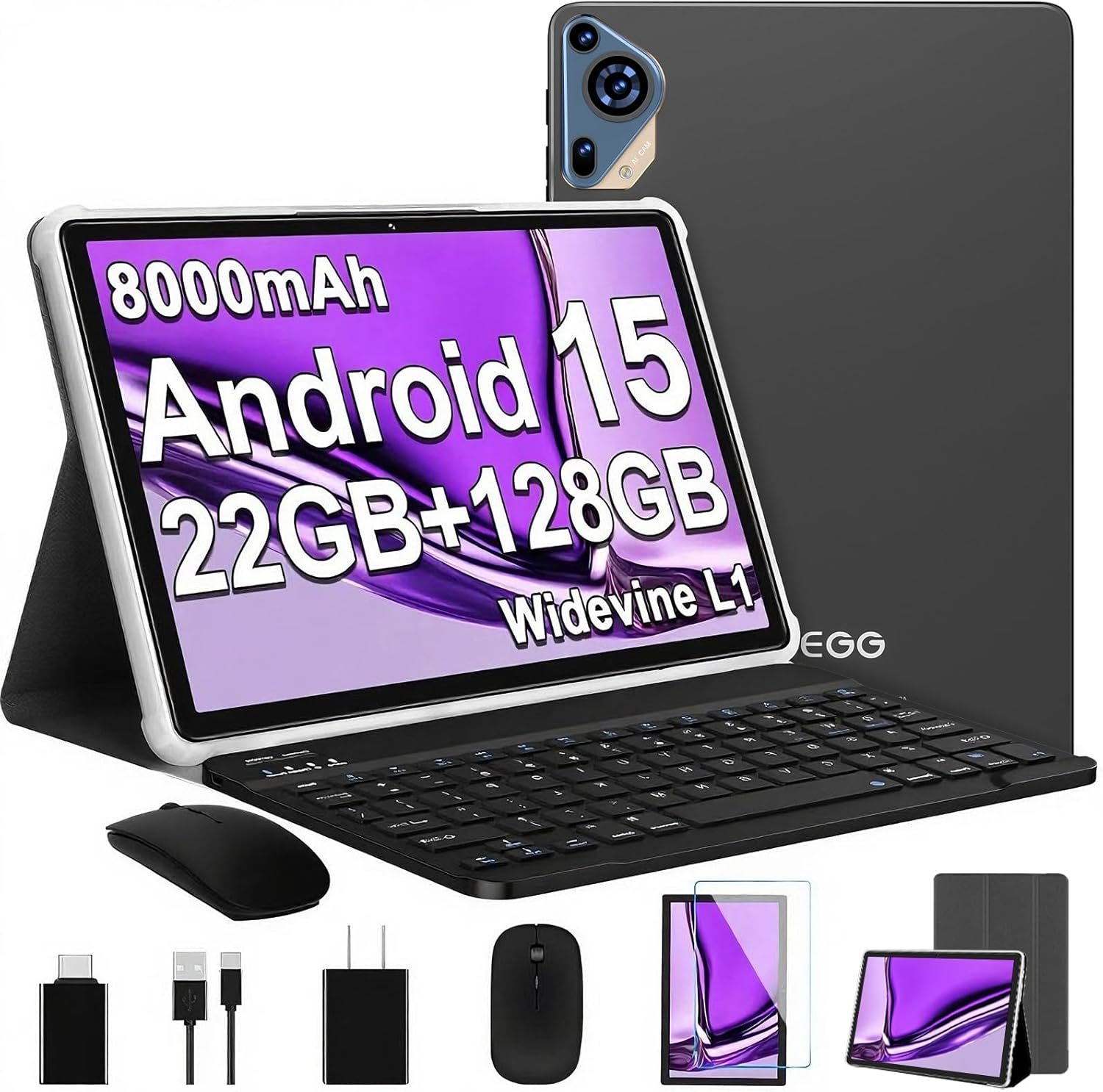 2026 Upgraded Android 15 Tablet 10.1 Inch Octa-Core Tablets with Keyboard Mouse, 22GB+128GB+1TB Expand, 8000mAh Large Battery,1280×800 IPS HD Touch Screen, Widevine L1, 5G WiFi, GPS-Metal Grey