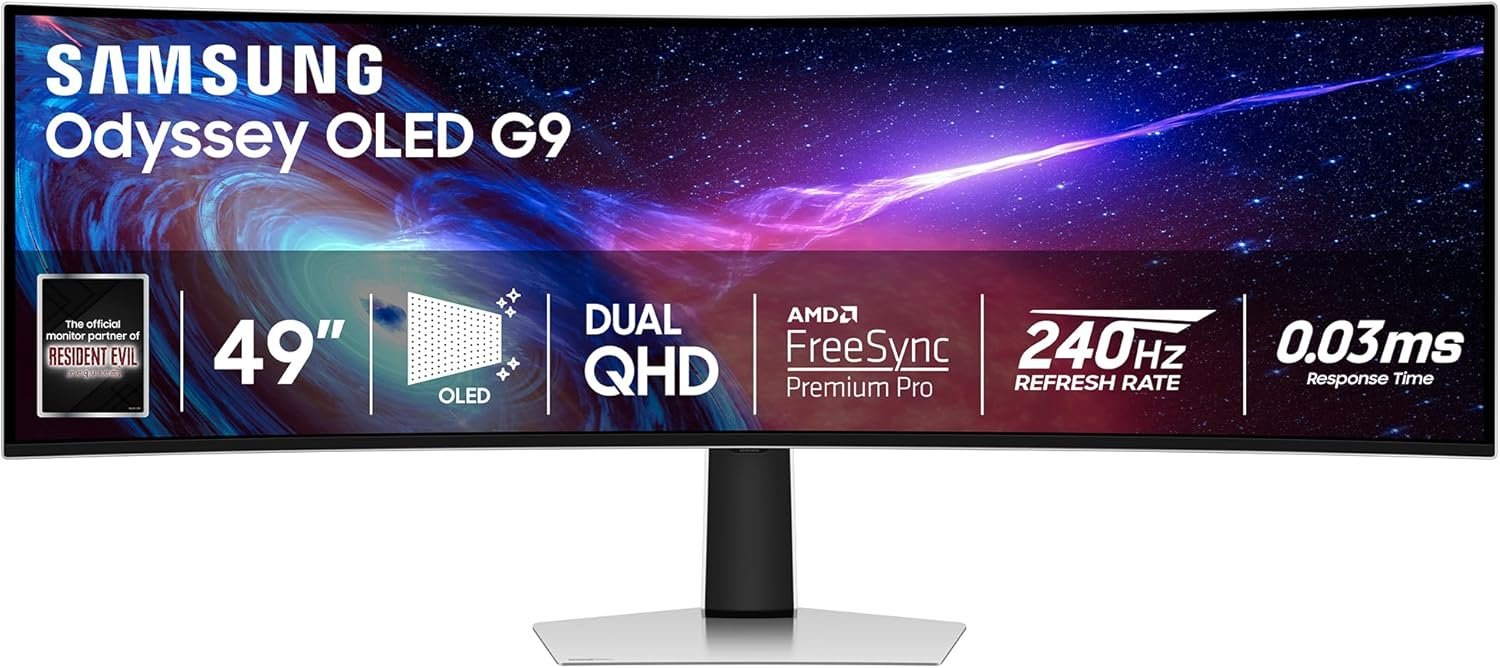Samsung 49″ Odyssey G93SC Series Curved Gaming Monitor, QD-OLED, 240Hz, 0.03ms, DQHD, G-Sync Compatible, FreeSync Premium Pro, Adjustable Stand