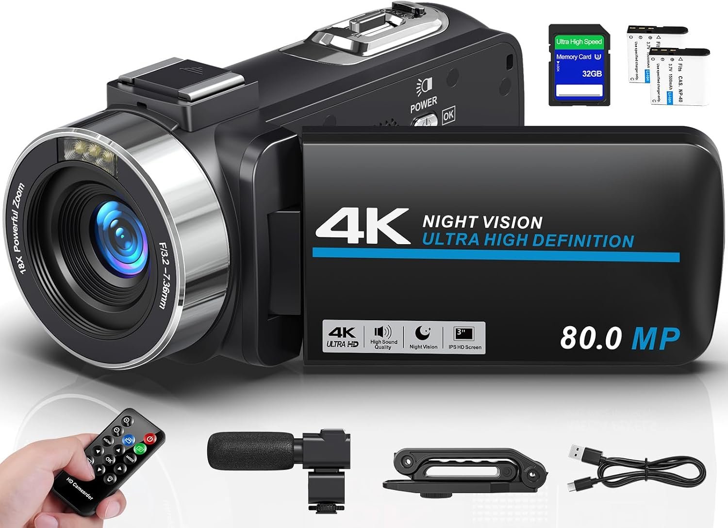 4K Camcorder Video Camera HD 80MP 30FPS Vlogging Camera for YouTube IR Night Vision Camera 18X Digital Zoom 3.0 IPS Screen Video Recorder with 32GB SD Card, 2 Batteries, Remote Control, and Stabilizer
