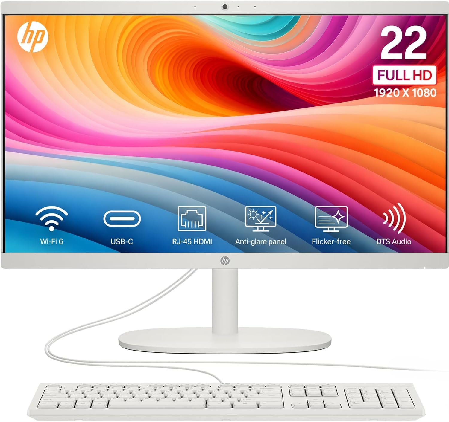 HP 22″ FHD All-in-One Desktop Computer, 16GB RAM, Quad-Cores Intel N100, Windows 11, 128GB Storage, Office 365 for Web, Keyboard & Mouse Included, White