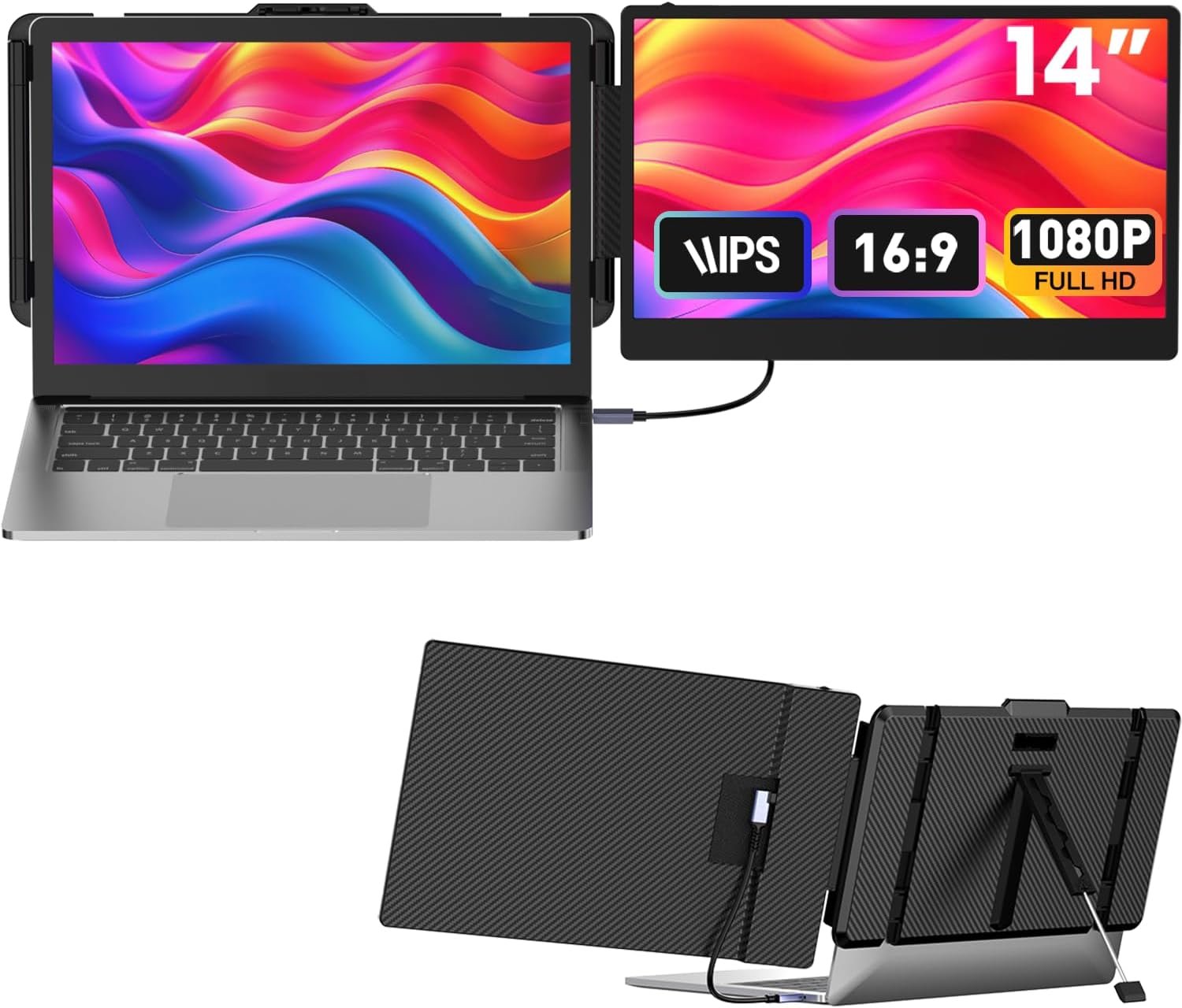 Laptop Screen Extender 14-inch, 1080P FHD Portable Monitor, Type-C/HDMI/USB-A Plug & Play, Laptop Monitor Extender fits Laptops with Screen up to 15.35″ Wide, Compatible with Windows, Mac, Chrome