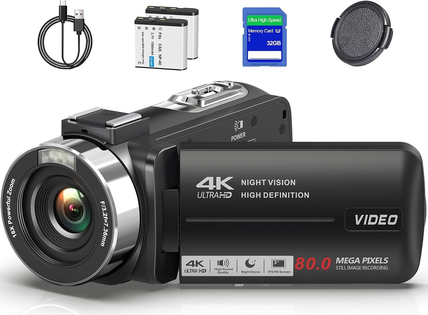 Camcorder Video Camera 4K UHD 80MP IR Night Vision Vlogging Camera for YouTube 18X Digital Zoom Camcorder Autofocus 3.0″ 270° Rotation IPS Screen Video Recorder with 32G SD Card, Lens Cap, 2 Batteries