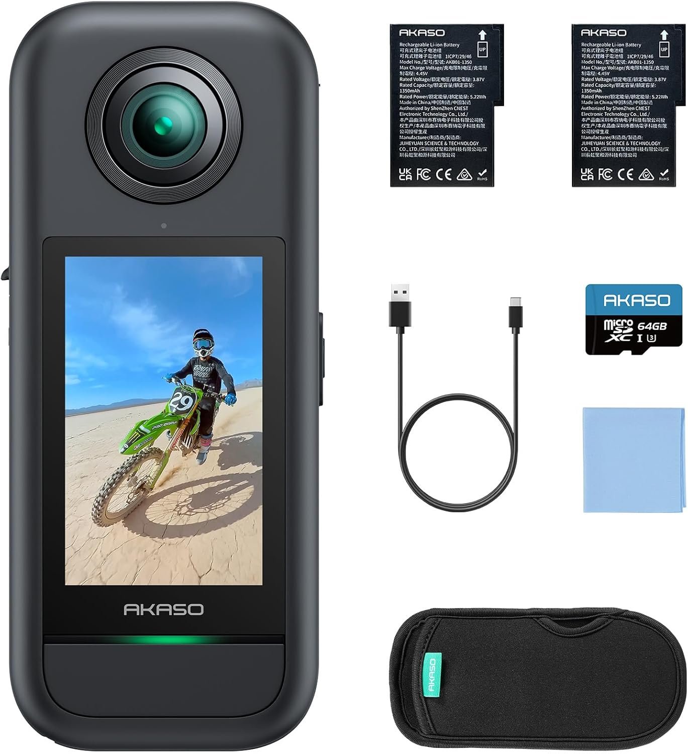AKASO 360 Action Camera Standard Combo- 5.7K 360 Video with 1/2″ 48MP Sensors, 72MP 360 Photo, 360-SuperSmooth, Invisible Selfie Stick Effect, 360° Horizon Lock, AI Tracking with 64GB MicroSD Card