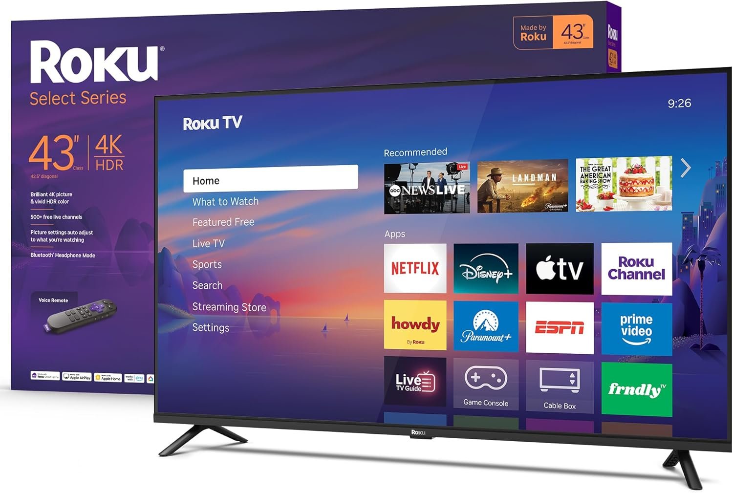Roku Smart TV 2026 – 43-Inch Select Series, 4K HDR TV – Roku TV with Voice Remote – Flat Screen LED Television with Wi-Fi for Streaming Live Local News, Sports, & Movies – Bluetooth Headphone Mode