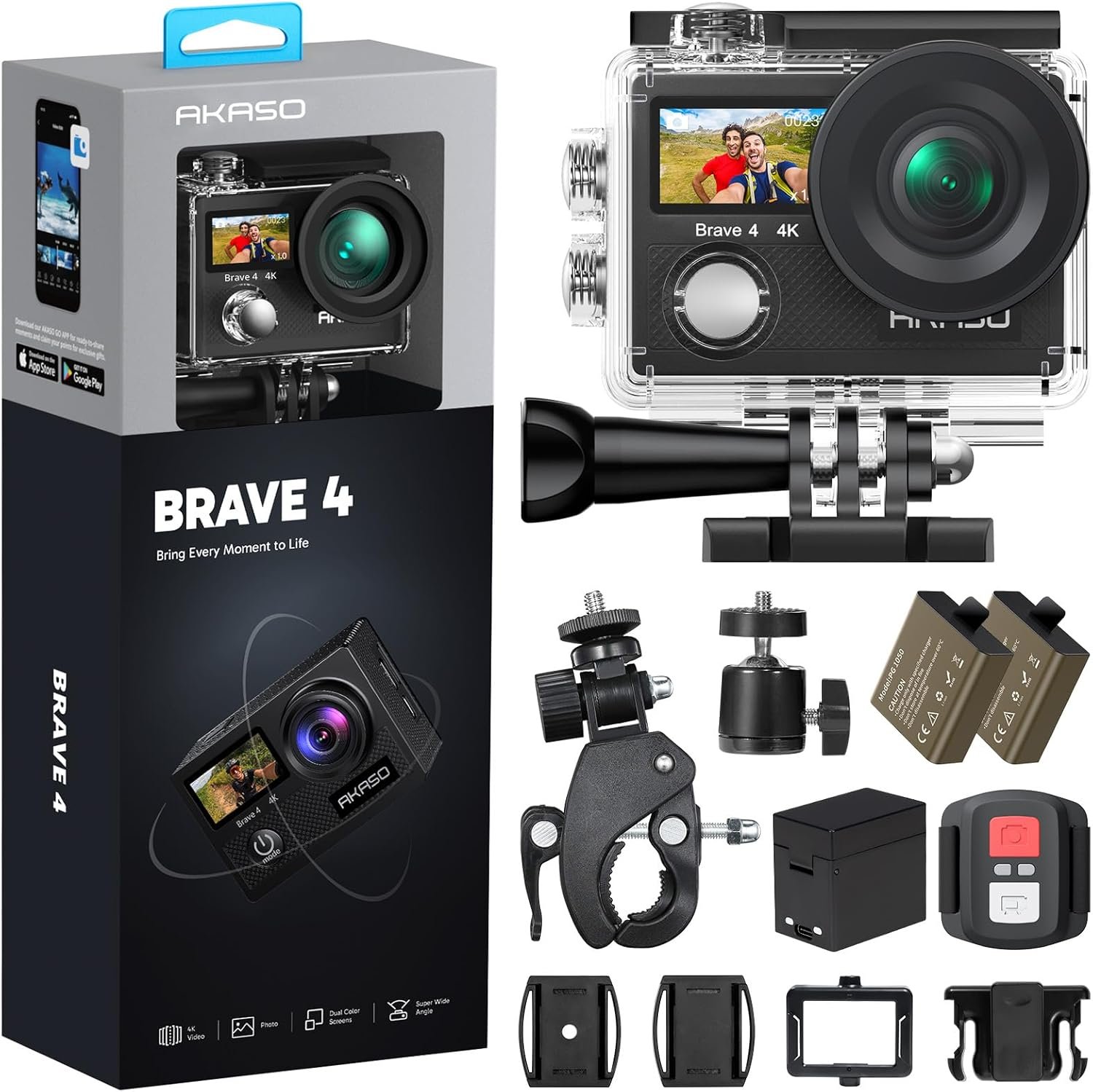 AKASO Brave 4 Action Camera 4K 30fps Ultra Hd Video 20MP Photo, EIS, WiFi, 2X Batteries, Waterproof Underwater Camera, Camcorder Bundle for Snorkel, Travel, Motorcycle, Bicycle, Helmet Accessories Kit