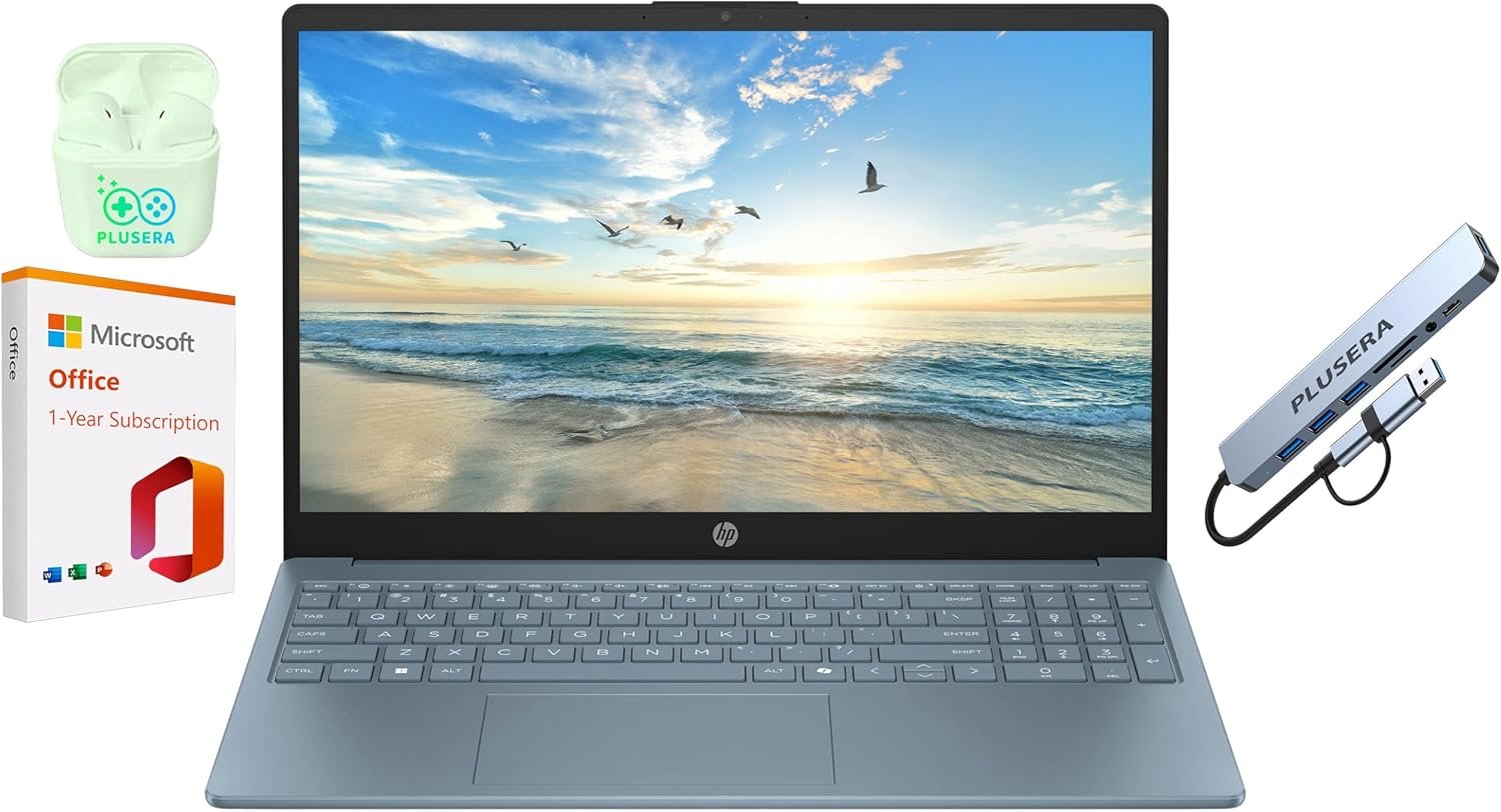 HP 15.6″ Business Laptop with 1-Year Microsoft Office 365 with Copliot AI, 16GB RAM 128GB SSD, Quad-Cores Intel Processor, Windows 11, PLUSERA Earphones & 8-in-1 Hub Included, Moonlight Blue