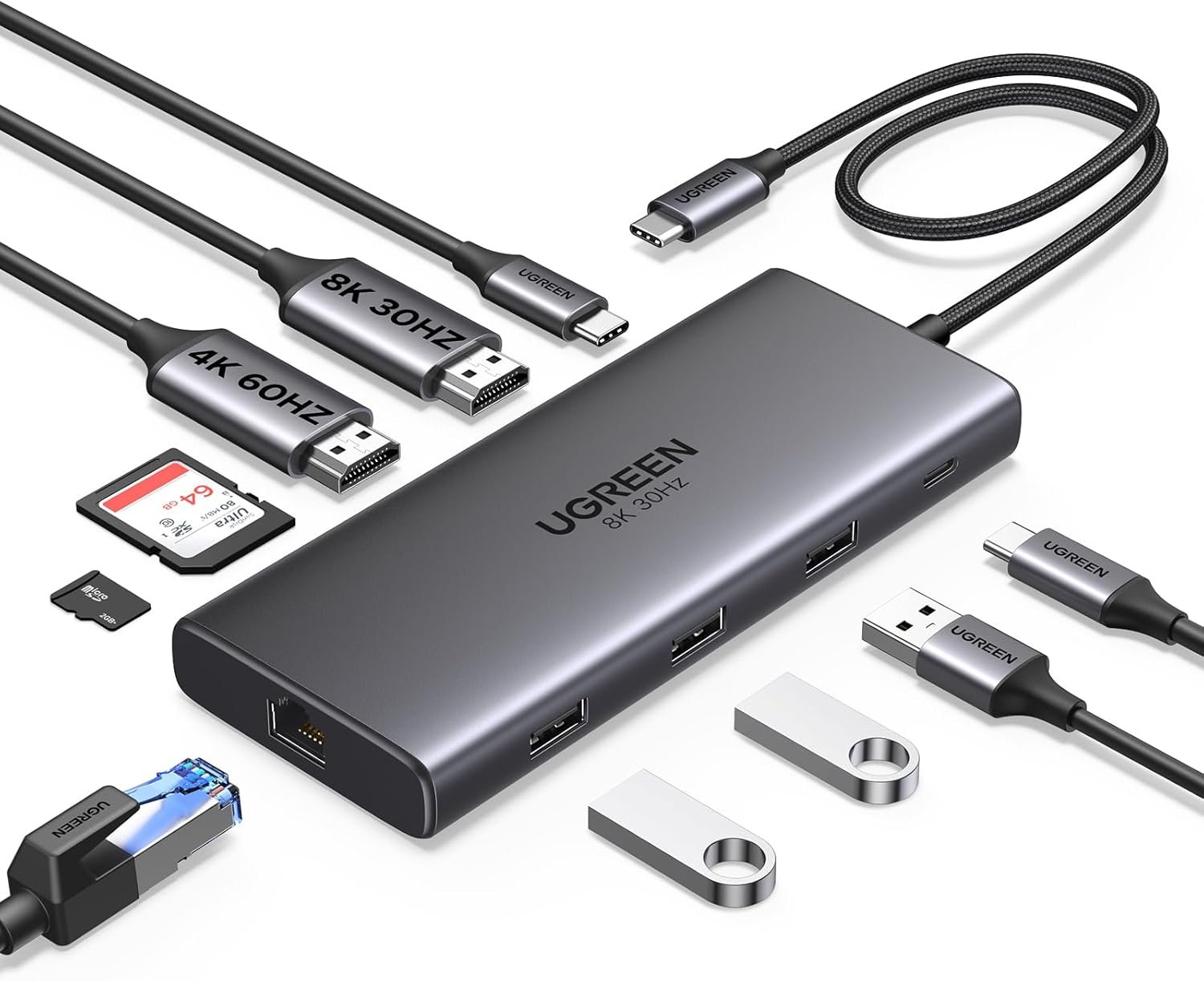 UGREEN 10-in-1 USB C Docking Station, Dual HDMI 4K@60Hz, Single 8K@30Hz, 100W PD, 5Gbps USB C&A Data Ports, Gigabit Ethernet, SD/TF 3.0 Card Reader, Revodok Pro 210 USB-C Hub Compatible for HP, Dell