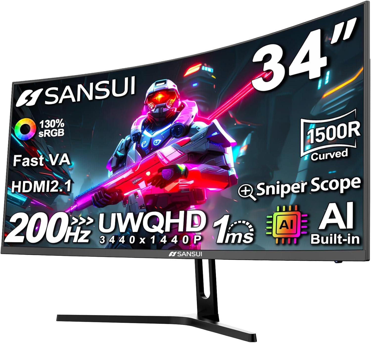 SANSUI 34-Inch Curved Gaming Monitor UWQHD 3440 x 1440P Up to 200Hz 165Hz Curved 1500R – PIP/PBP, OD 1ms, HDR, 300nits, sRGB 130%, DCI-P3 97%,AI Crosshair,HDMI2.1×2,DP1.4(Cable Included)