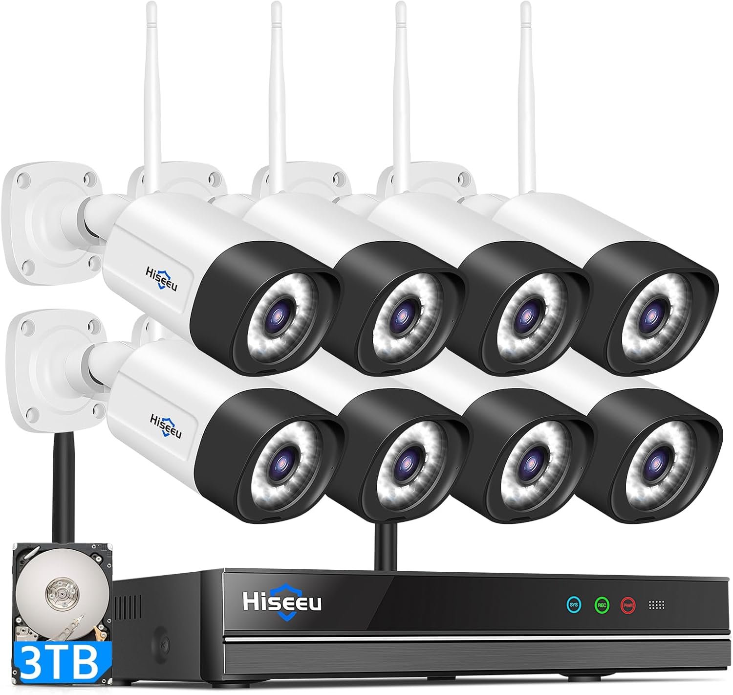 Hiseeu 5MP Outdoor WiFi Security Camera System, 10CH 8-Camera Kit | Color Night Vision, 2-Way Audio, IP66 Weatherproof, 3TB HDD Storage, 24/7 Recording, No Monthly Fees