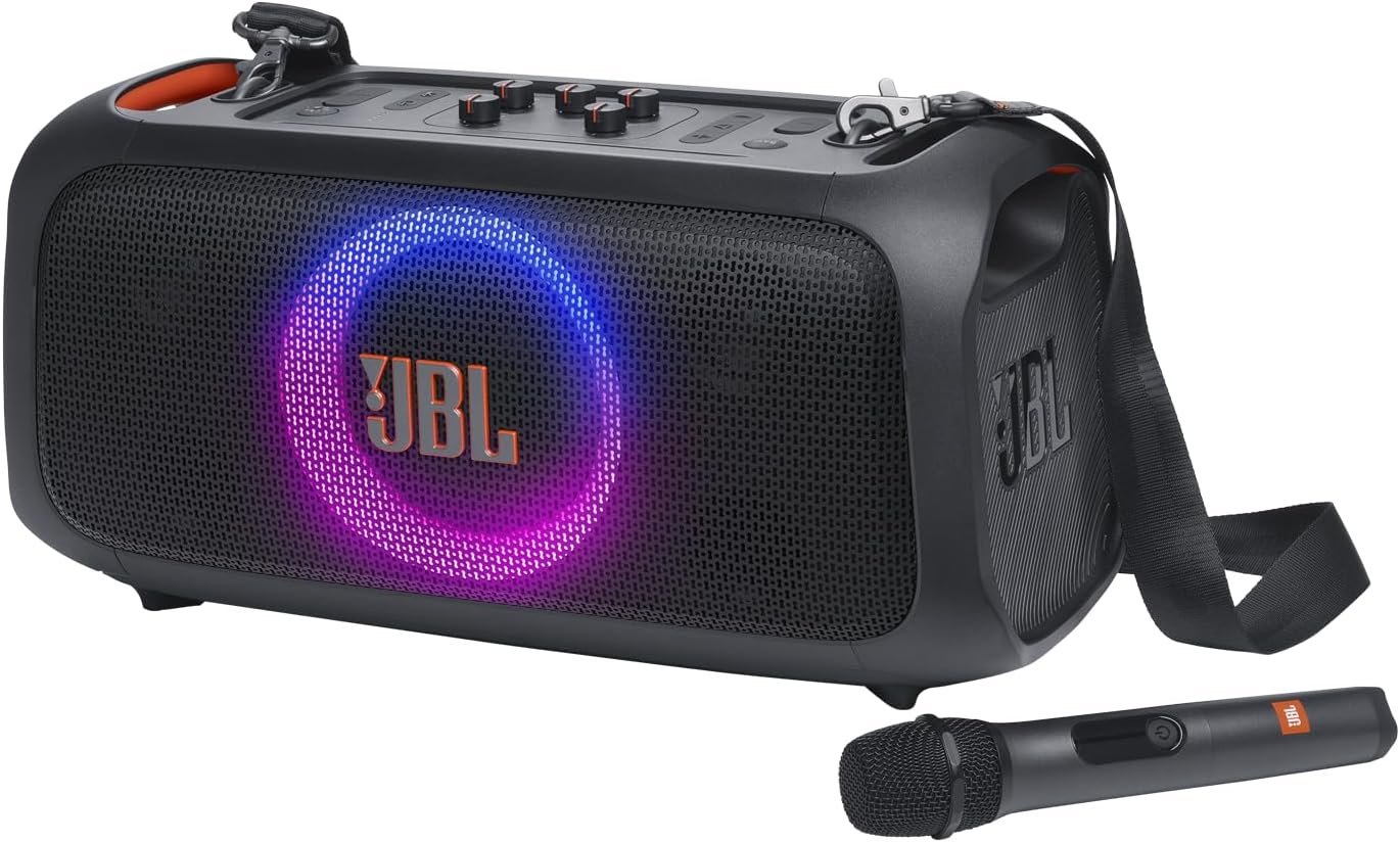 JBL PartyBox On-The-Go Essential – Portable Party Speaker with Built-in Lights and Wireless mic, Amazing JBL Pro Sound, IPX4 splashproof Protection, 6 Hours of Playtime, Convenient Shoulder Strap