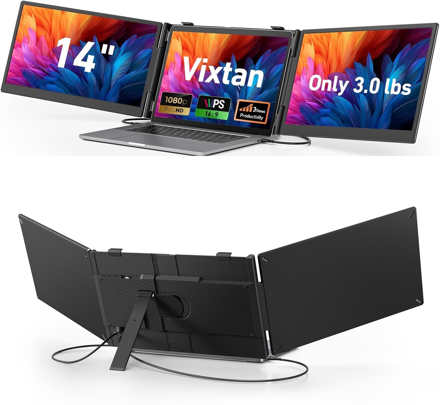 Vixtan 14″ Triple Laptop Screen Extender, 3.0 lbs Lightweight FHD IPS Portable Monitor for Laptop, USB-C Plug & Play Multi Screen Attachment for 13-17.3″ laptops with Windows/Mac/Chrome