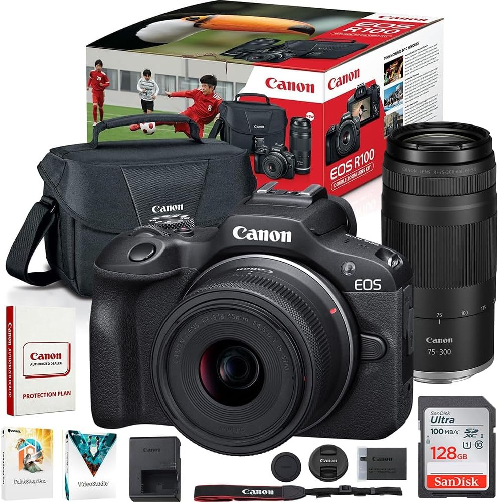 Canon EOS R100 Mirrorless Camera Two-Lens Bundle | RF-S 18-45mm + RF 75-300mm Lenses | 128GB Card & Editing Software | Canon USA Warranty | Authorized Dealer