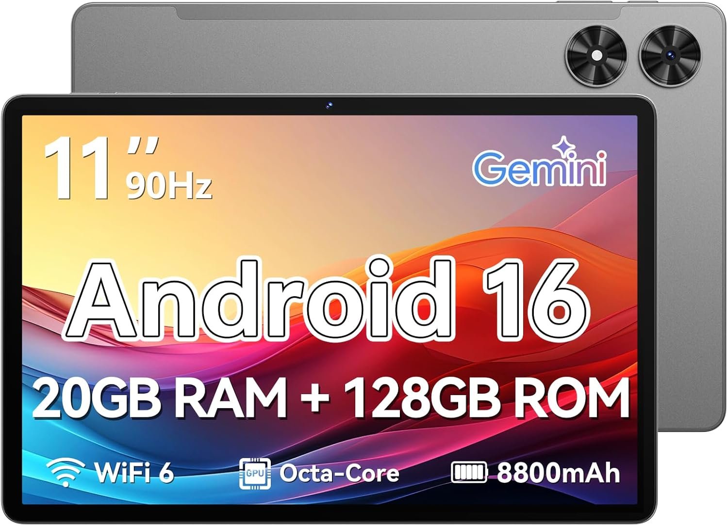 Tablet 11 inch Android 16 Tablet, Gray | Octa-Core, 20GB RAM + 128GB ROM, 1 TB Expandable, 90Hz IPS Touchscreen, GPS, 8800mAh, WiFi 6, BT 5.2, 8MP+13MP Dual Camera