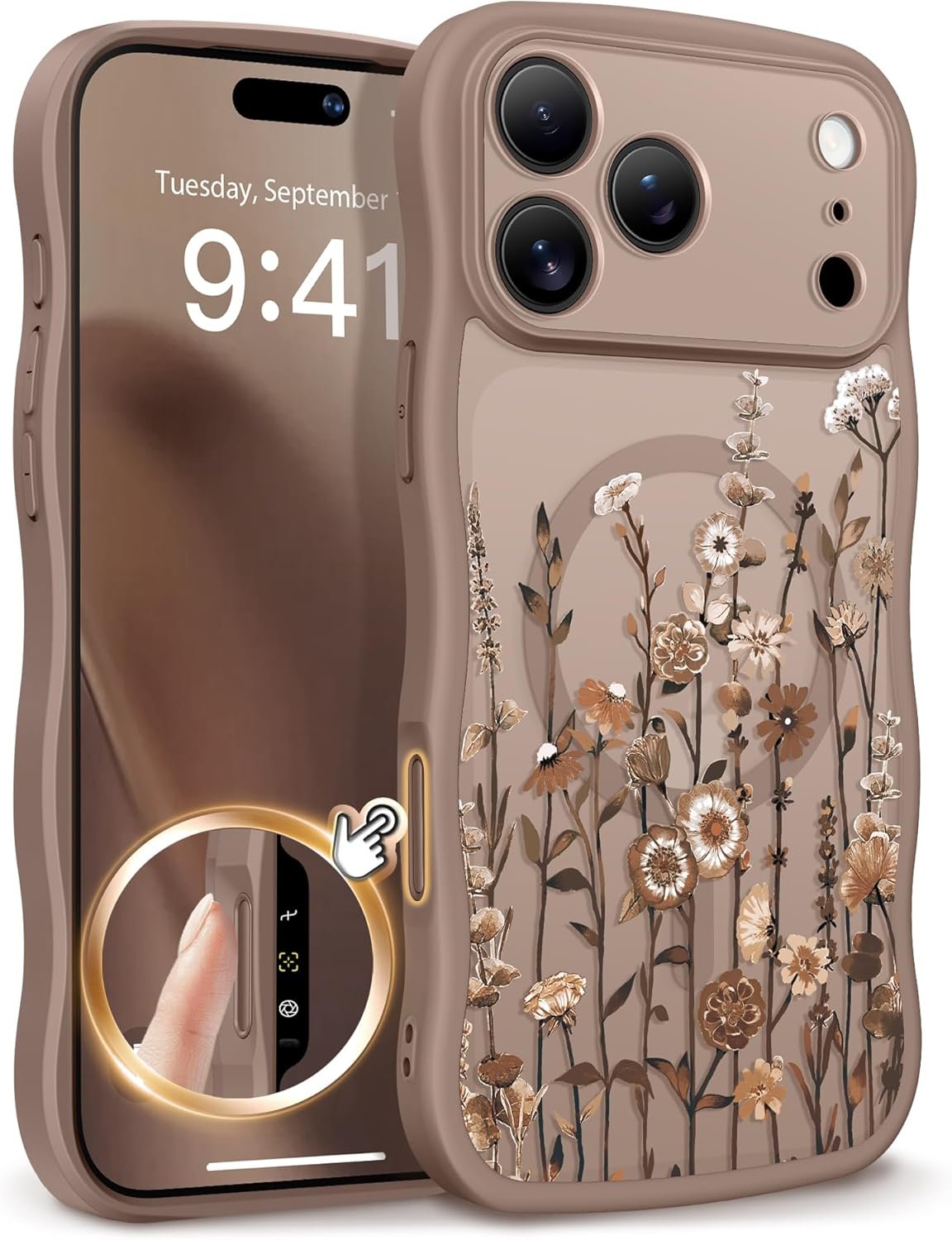 GVIEWIN for iPhone 17 Pro Case Compatible with MagSafe [Curly Wave Edge][Full Camera Protection] Floral Translucent Shockproof Magnetic Women Phone Case for iPhone 17 Pro 6.3”, Floratopia/Brown