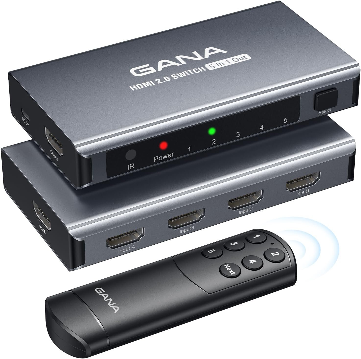 HDMI Switch 5 in 1 Out 4K@60Hz, GANA HDMI Splitter Switcher with Remote, Aluminum HDMI 2.0 Switch Box Hub for 3D, HDCP2.2, HDR, Compatible with Xbox, PS5/4/3,Fire Stick,Roku,Blu-Ray Player, Grey