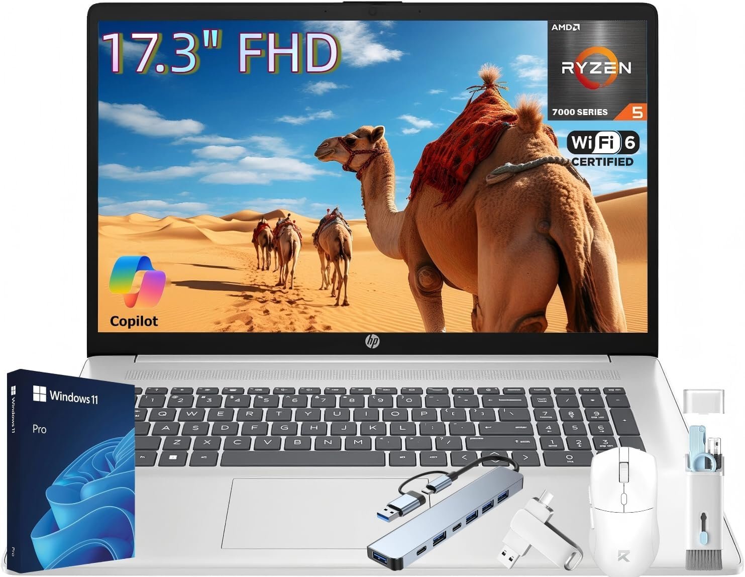 HP 17 Inch Laptop Computer, 17.3″ FHD IPS Display, 16 GB RAM, 512 GB SSD, AMD Ryzen 5 7430U (Up to 4.3GHz), Wi-Fi 6, Bluetooth 5.3, Copilot AI, Business & Students, Windows 11 Pro, W/Accessories