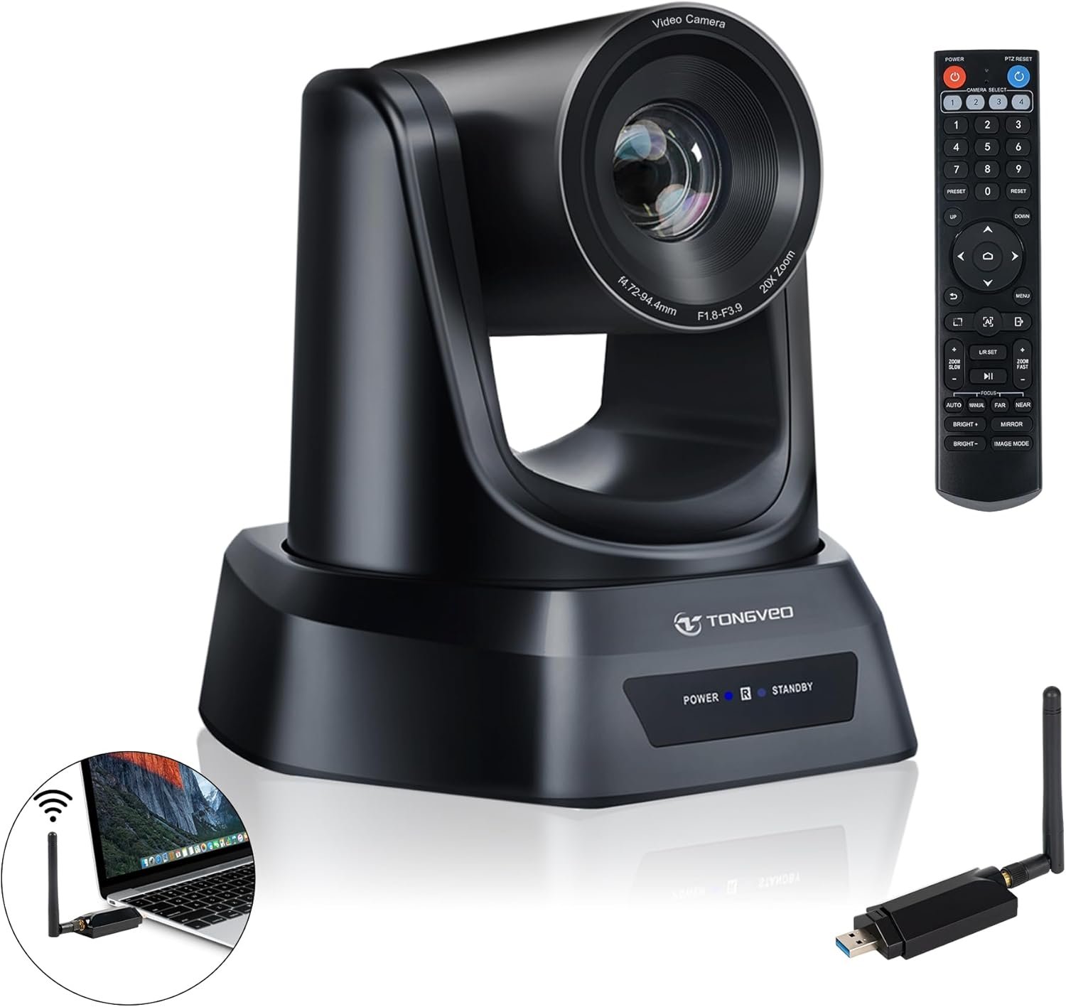 TONGVEO Wireless AI PTZ 20X Zoom Camera with Auto-Tracking: Built-in 5.8GHz Receiver for Cable-Free Setup, 1080P 60fps Conference Camera for Church Services, Online Classes & Hybrid Meetings
