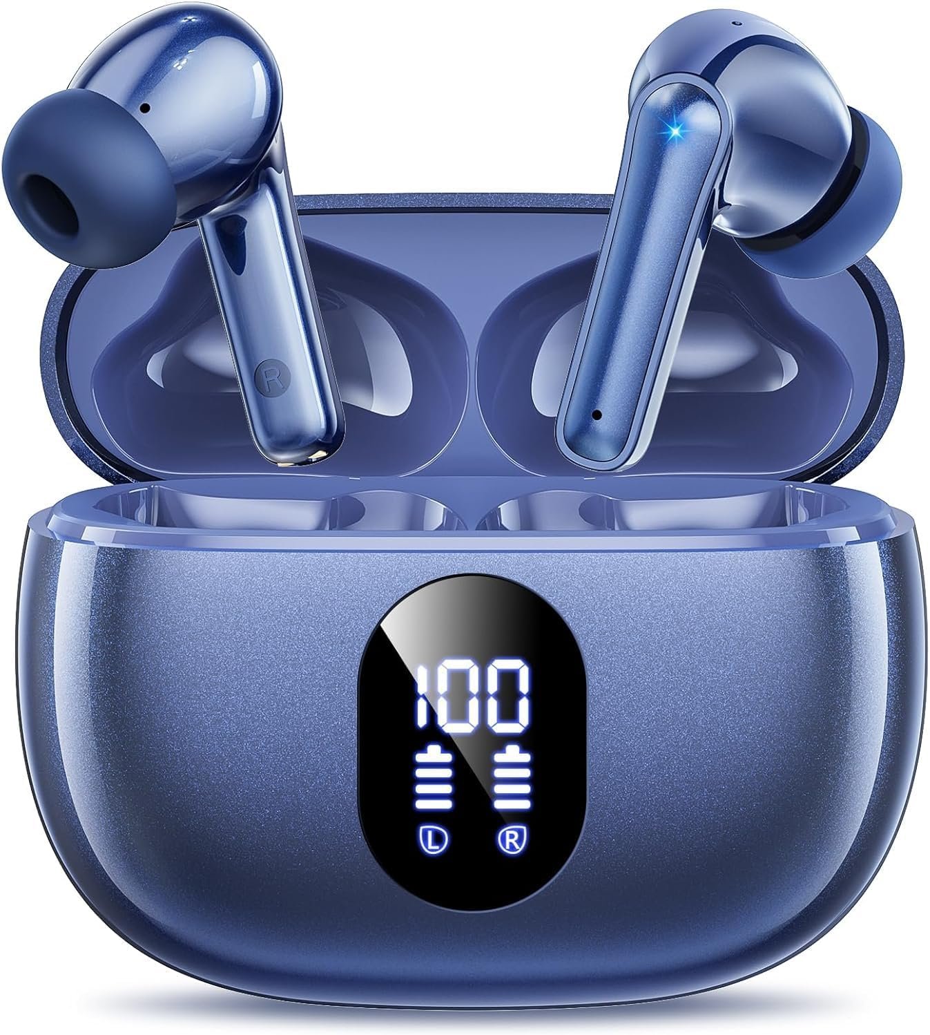 Wireless Earbuds Deep Bass Sound Ear Buds, Bluetooth 5.3 Headphones 48H Playtime, LED Display Earphones with Mic, IPX7 Waterproof Lightweight in-Ear Buds, Touch Control for iPhone TV Laptop Blue