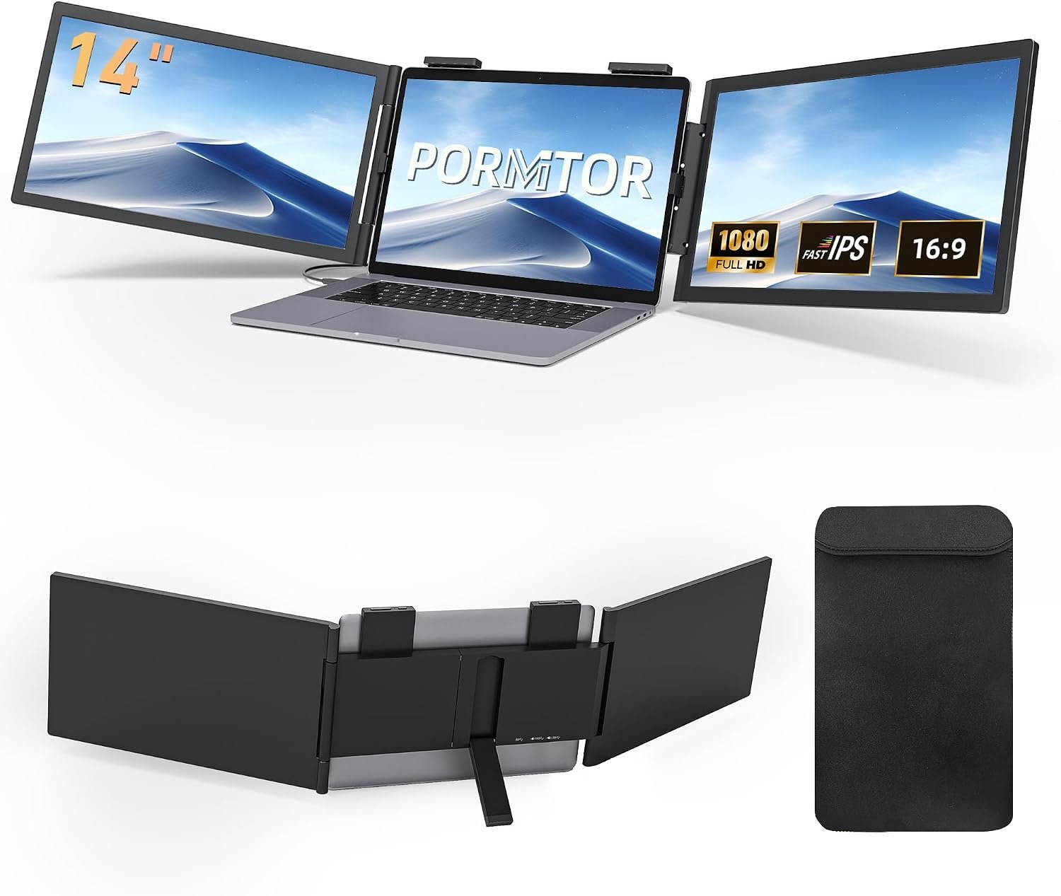 Laptop Screen Extender, 14’’ FHD 1080P Triple Portable Monitor for Laptop with Ultra-Slim IPS Display, USB-C Plug and Play Multi Screen Attachment for 14″-15.6″ Laptops
