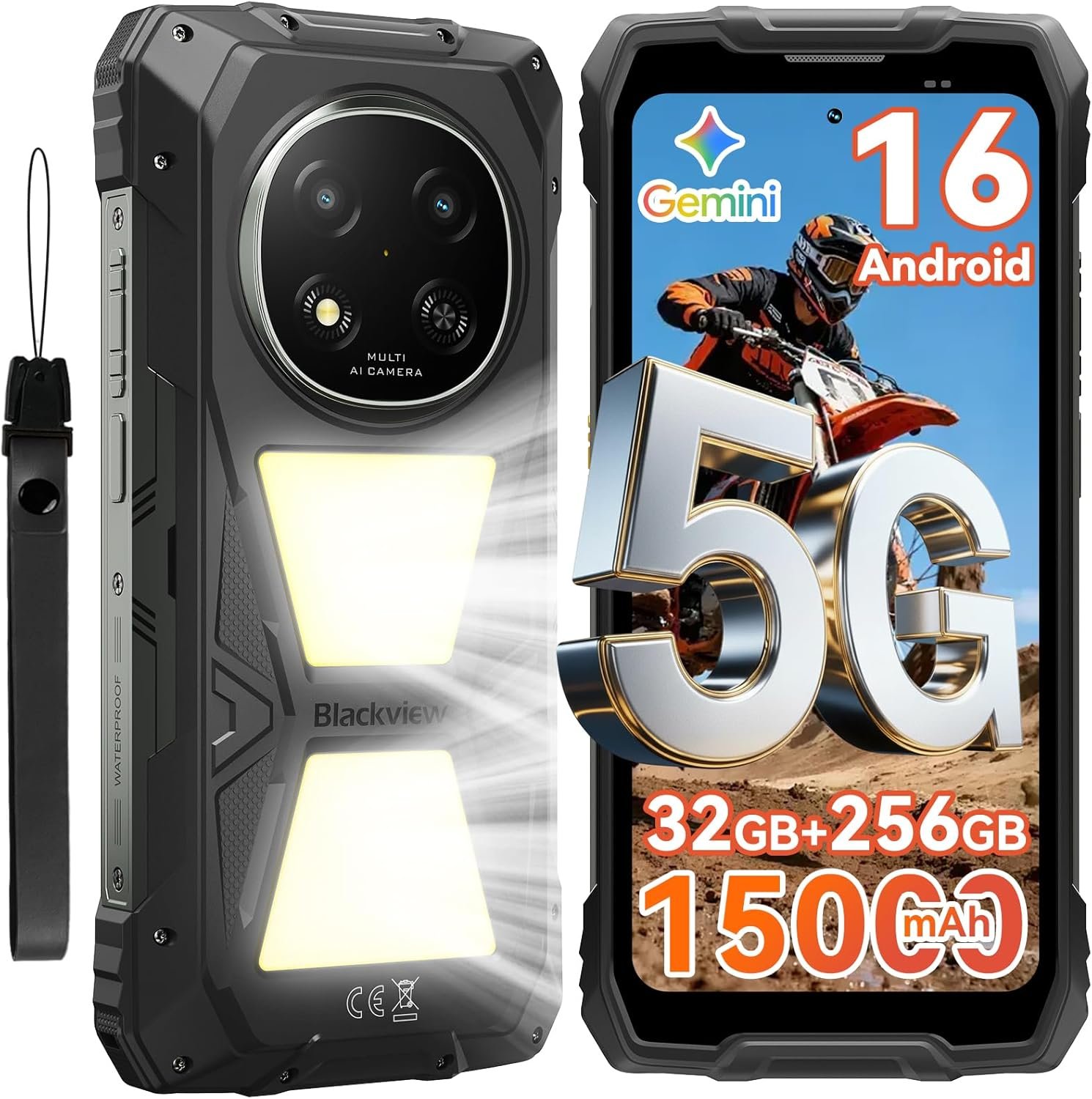 Blackview Rock 2 Pro 5G Rugged Phone Android 16, 15000mAh/33W Dual 400LM Camping Light, 32GB+256GB/2TB Rugged Smartphone Unlocked Gemini AI, 16MP+13MP 6.78″ 2.4K 120Hz Glove Mode/NFC