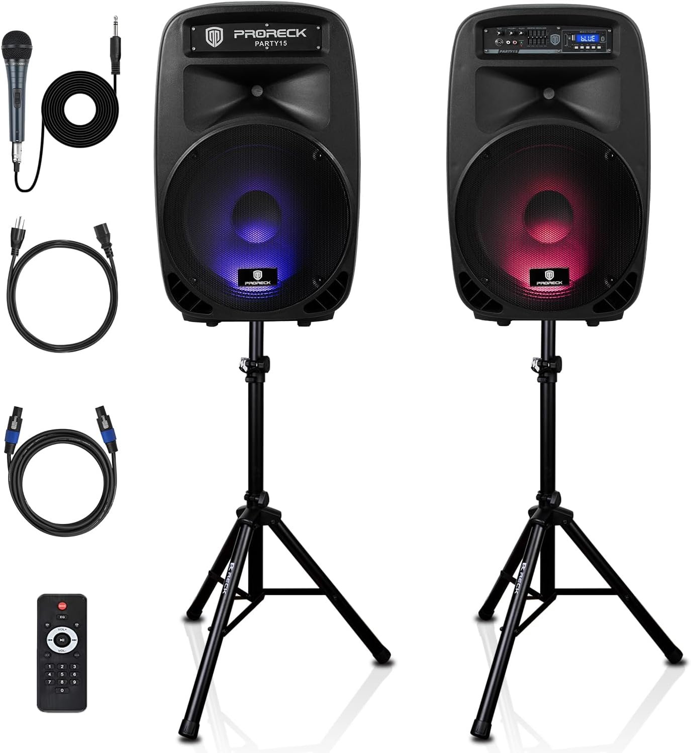 PRORECK Party 15 Portable 15-Inch 2000 Watt 2-Way Powered PA Speaker System Combo Set with Bluetooth/USB/SD Card/FM/Remote Control/LED Light for Indoor, Outdoor DJ Parties, Karaoke