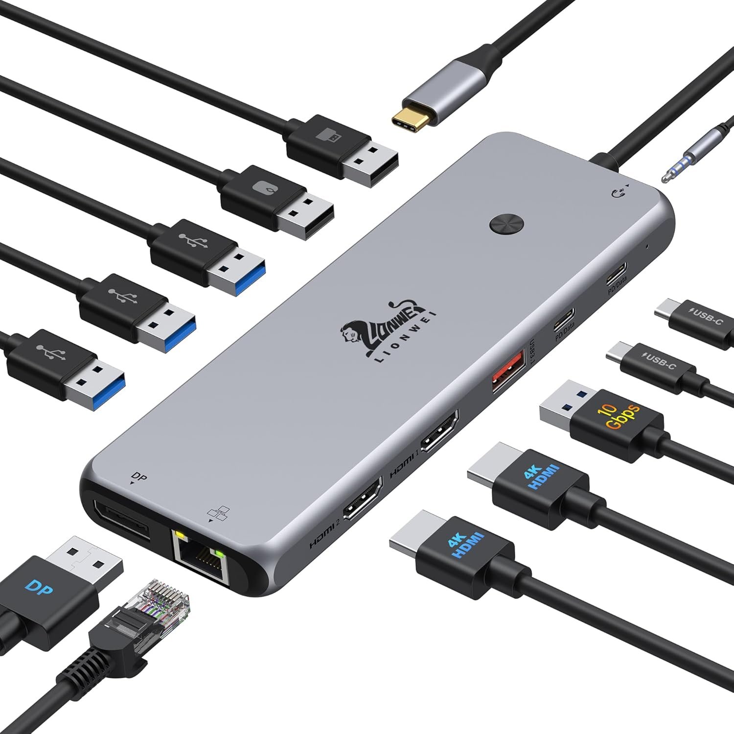 13 in 1 USB C Docking Station – Dual Monitor, Triple Display, 8 USB C/A Ports, Ethernet, Audio – LIONWEI USB C Hub for MacBook,Dell,HP,Lenovo,Surface