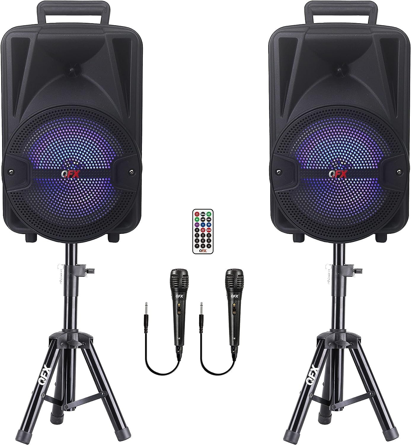 QFX PBX-800TWS 8-Inch TWS Bluetooth Stereo PA System with 2 8″ Speakers, 2 Microphones, 2 Stands, and a Remote Control