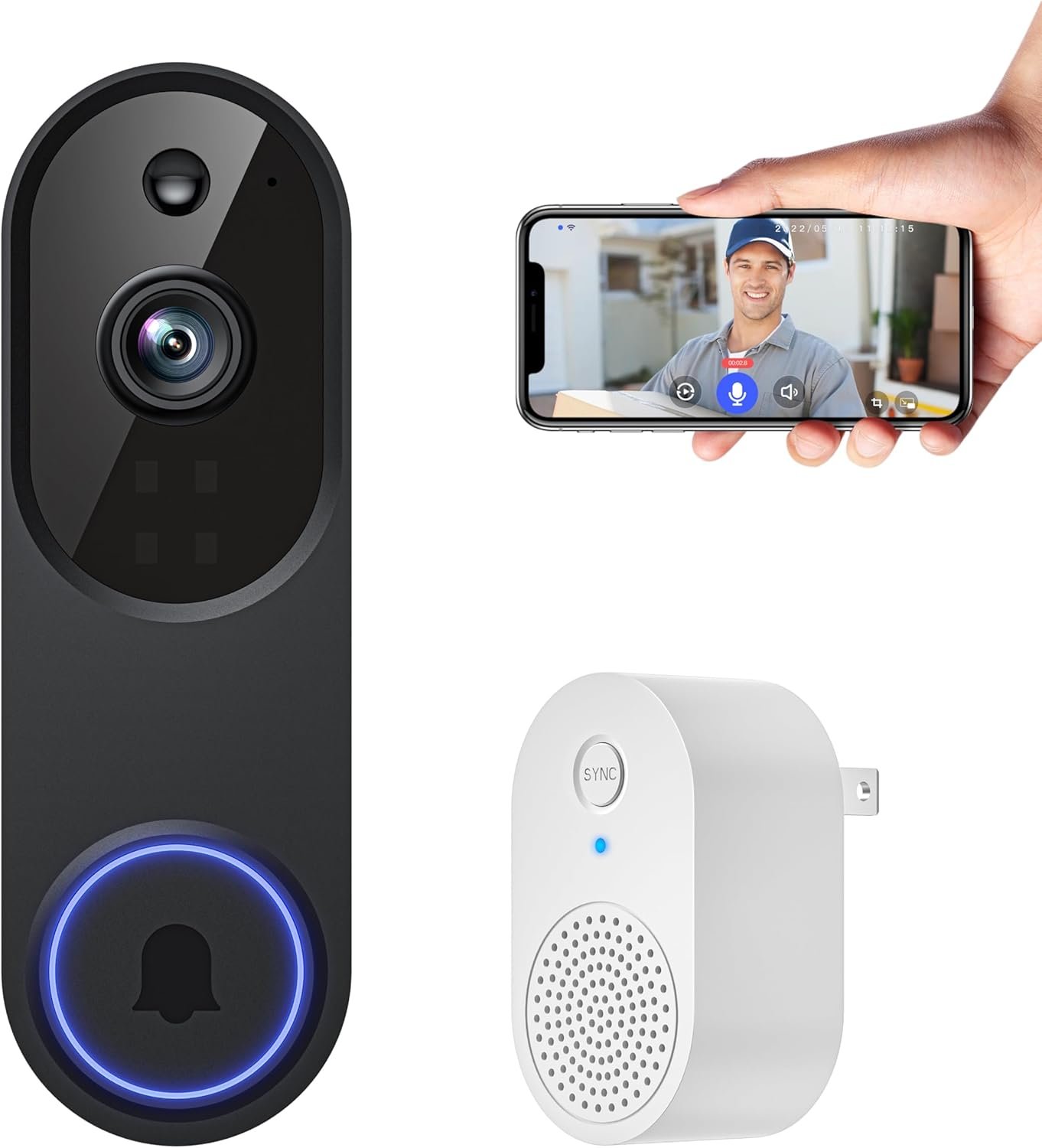 1080p Smart Video Doorbell Camera Wireless, Doorbell Receiver Included, Live View, AI Human Detection, 2.4G WiFi, Night Vision, Cloud Storage, Battery Powered, Indoor Outdoor Surveillance