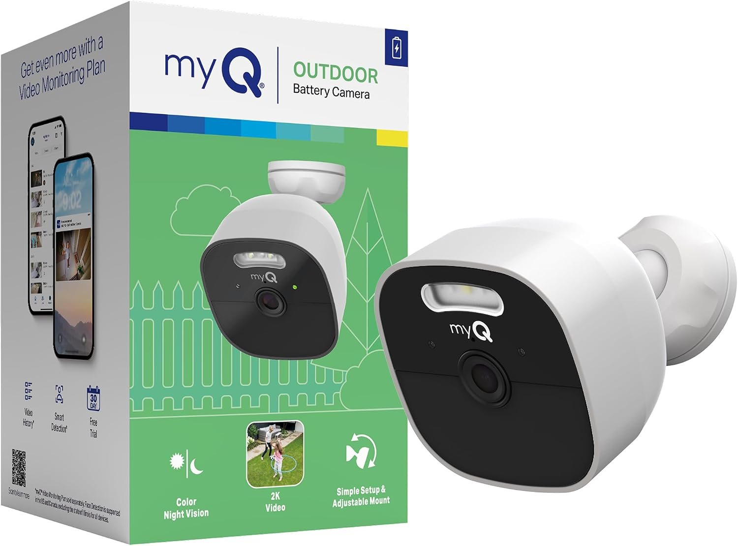 Chamberlain myQ Outdoor Battery Camera | 2K Camera, Color Night Vision, Spotlight, Motion Alerts, Live View with Two-Way Talk, Wireless, Weather-Resistant, Outdoor, White