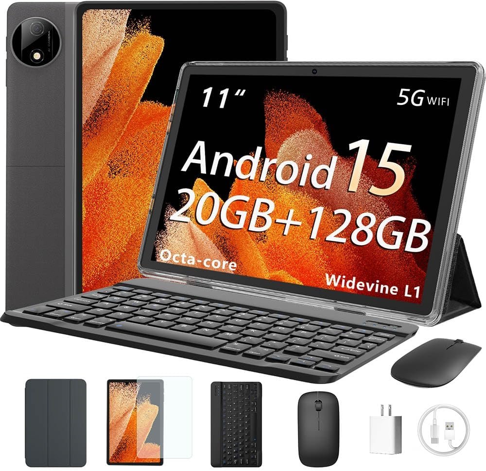 HUIHUANG Android 15 Tablet 11 Inch, 20GB RAM 128GB ROM, 8000mAh Large Capacity Battery, 5G/2.4G WiFi6, Octa-Core, 1TB Expandable, Widevine L1 HD Streaming, Bluetooth 5.0, GPS, Protective Case – Black