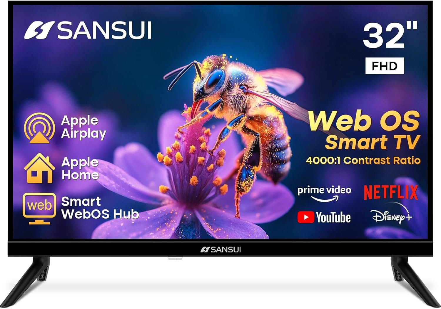 SANSUI 32 inch FHD Smart WebOS TV | Frameless Screen with chromecast Built in | 4000:1 Contrast Ratio|WebOS Hub with 2×8W Speakers & Apple HomeKit & Live TV| Support Airplay & WiFi & Bluetooth 5.2
