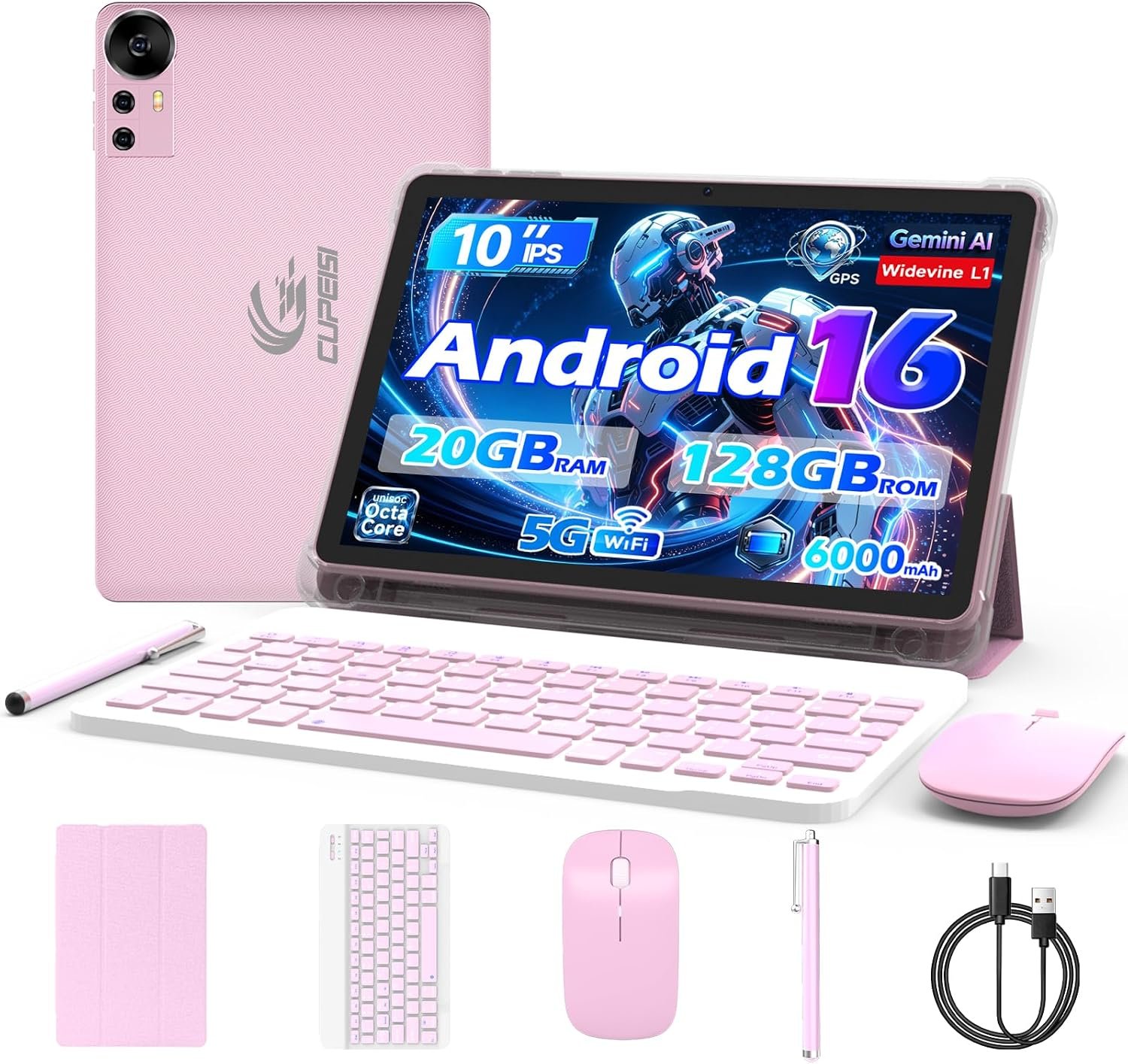 CUPEISI Android 16 Tablet 10 Inch, 20GB RAM+128GB ROM/ 2TB Expandable, 2.0GHz Octa-core Processor, 1280*800 HD Screen, 5G WiFi6 BT 5.0, 2 in 1 Tablets with Keyboard Case Mouse Stylus, Widevine L1 Pink